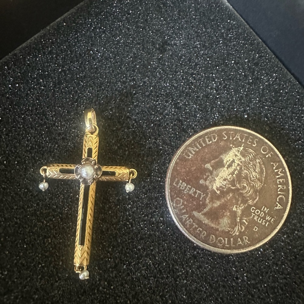 Gorgeous French cross pendant charm in buttery 18k yellow gold.